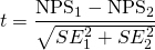 \[ t=\frac{\textrm{NPS}_1-\textrm{NPS}_2}{\sqrt{SE_1^2+SE_2^2}} \]