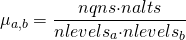 \[ \mu_{a, b}= \frac{nqns{\cdot}nalts}{nlevels_{a}{\cdot}{nlevels_{b}}} \]