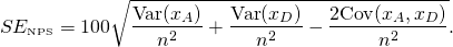 \[ SE_{\textrm{\tiny{NPS}}}=100\sqrt{\frac{\textrm{Var}(x_A)}{n^2}+\frac{\textrm{Var}(x_D)}{n^2}-\frac{2\textrm{Cov}(x_A,x_D)}{n^2}}. \]