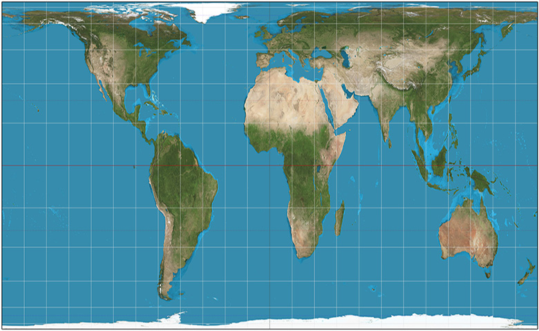 Scaled world map showing longitude and latitude