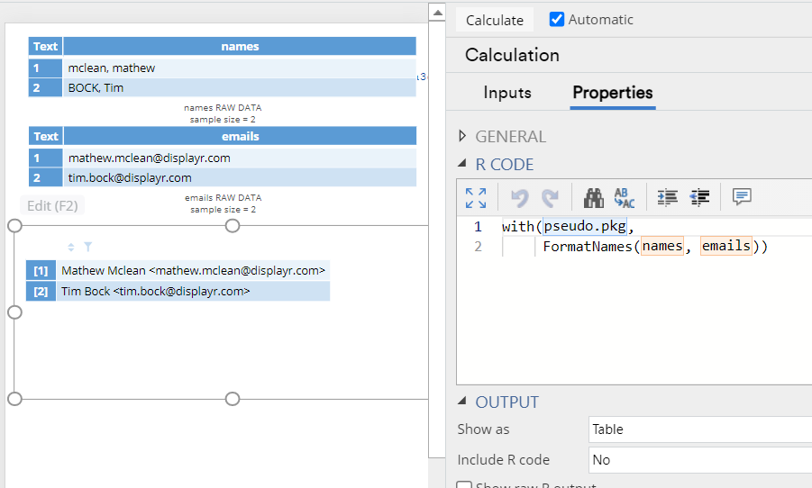 Output from running pseudo-package function FormatNames